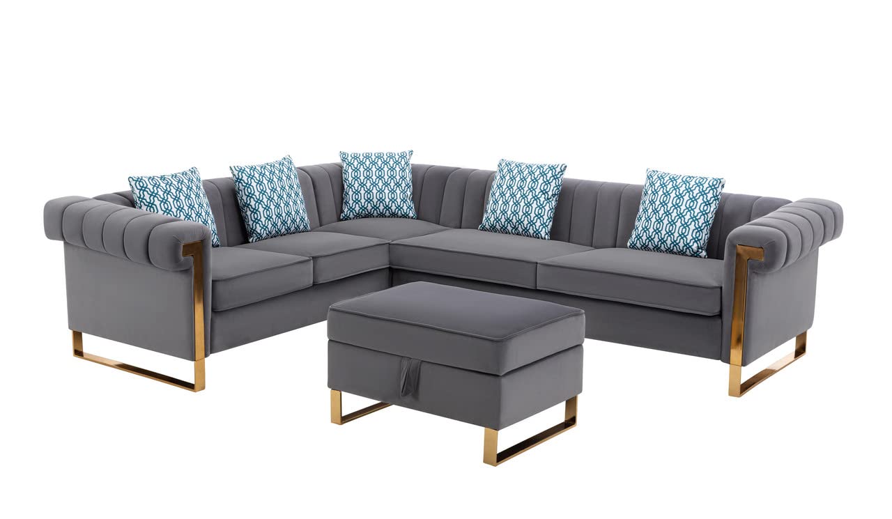 Lilola Home Maddie Gray Velvet 6-Seater Sectional Sofa with Storage Ottoman